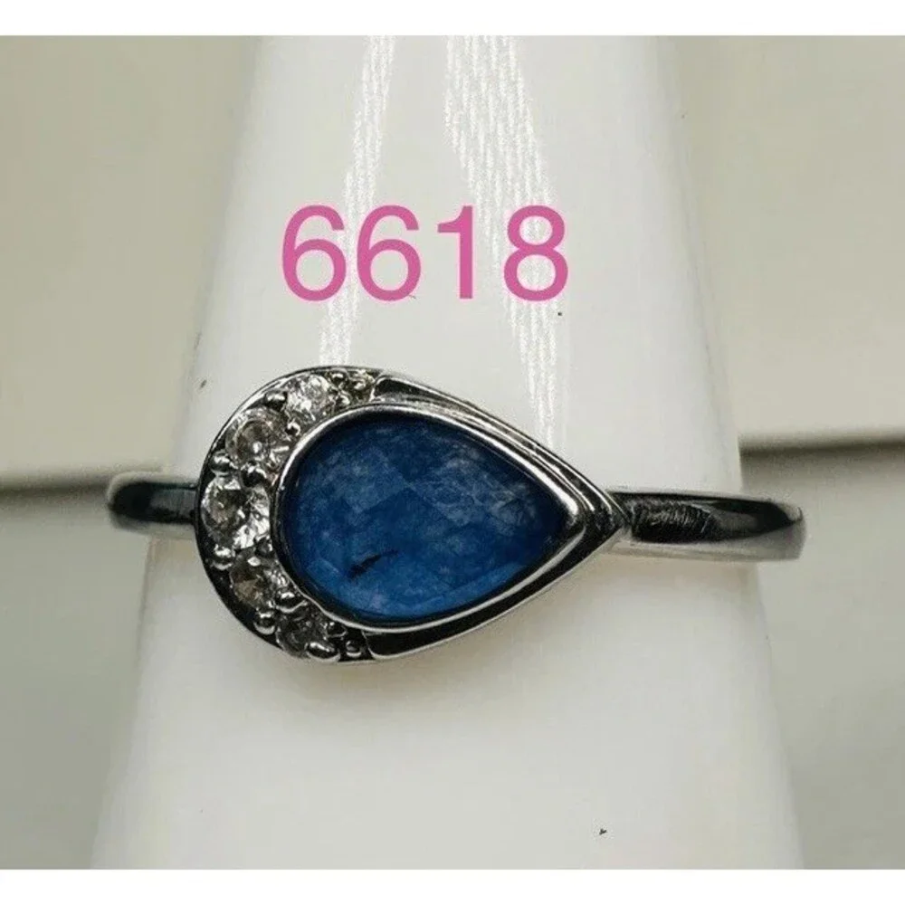 Bomb Party Blue Ring Lot 2 Size 9 Teardrop Round Rhodium Plated CZ Rings